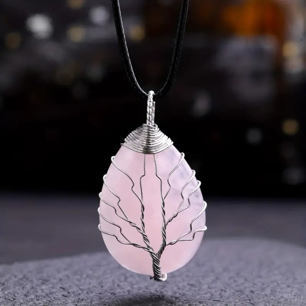 Rose Quartz Natural Gemstone Tree Of Life Wire Wrap Pendant Necklace